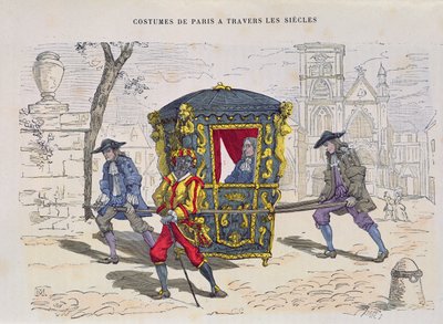 Sedan stol i det sextonde århundradet, från Costumes de Paris a Travers les Siecles, publicerad 1887 (färggravyr) av French School
