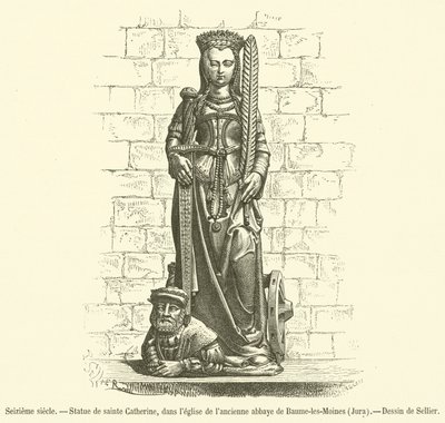Sextonde århundradet, Staty av Saint Catherine, i kyrkan i det tidigare klostret Baume-les-Moines, Jura (gravyr) av French School