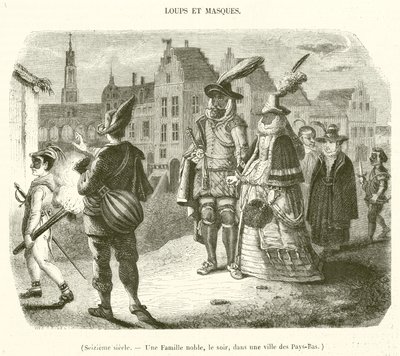 1500-talet, En adelsfamilj, på kvällen, i en stad i Nederländerna (gravyr) av French School
