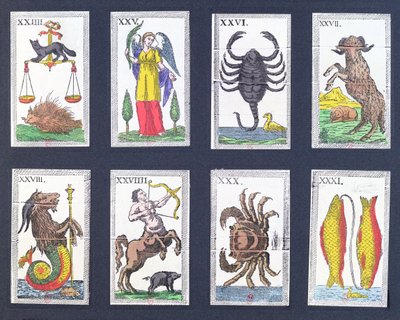 Urval av astrologiska tarotkort av French School