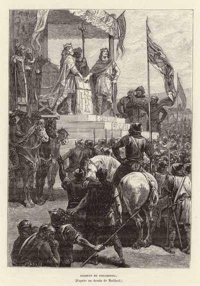 Serment de Strasbourg. Eder i Strasbourg, alliansen mellan Ludvig den tyske och Karl den skallige, kungar av Öst- och Västfrankrike, 842 (gravyr) av French School