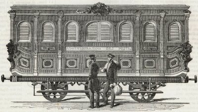 Postkontor - exteriörvy av det mobila kontoret - Gravyr i "Tableau-de-Paris" av Edmond Texier 1852 av French School