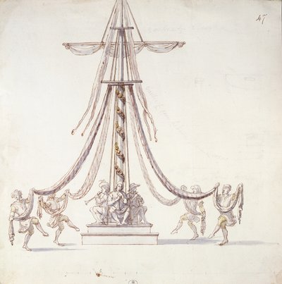 Scenografi för en balett med sjömän som dansar runt en mast, från en kollektion med titeln Les Menus Plaisirs du Roi (wc och penna och bläck på papper) av French School