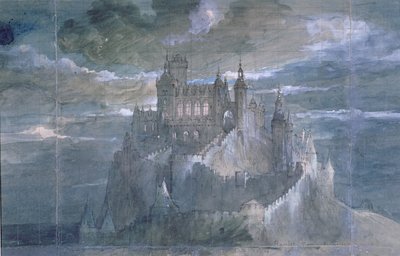 Scenografi för en produktion av Hamlet (akt 1) på Comedie Francaise, 1884 (wc på papper) av French School