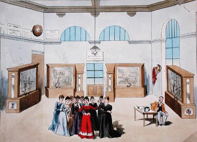 Scenografi för en operett med kvinnliga operatörer i en central telefonväxel. sent 1800-tal (färg litho) av French School