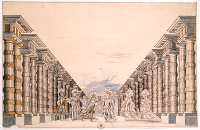 Scenografi för en oidentifierad pjäs, hämtad från en samling med titeln Menus Plaisirs du Roi (penna & bläck och akvarell på papper) av French School