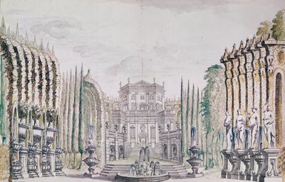 Scenografi av ett palats för en teater, ca 1660-80 (penna & bläck och wc på papper) av French School