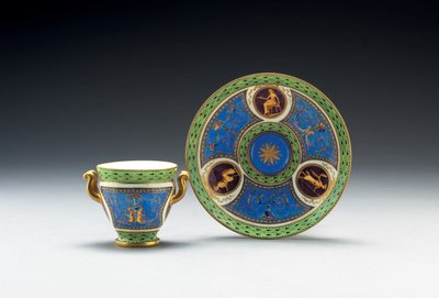 Sevres bleu celeste och ljusgrön mald kopp och fat med två handtag, 1790 av French School