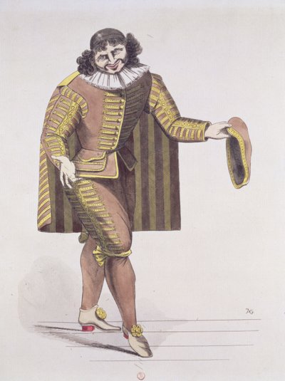 Sganarelle i LEcole des Maris av Moliere, premiär 24 juni 1661 på Palais-Royal Theatre, Paris (penna, bläck & wc på papper) av French School