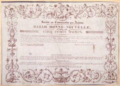 Aktiecertifikat för 500 franc för Bazar Bonne-Nouvelle, 1836 av French School