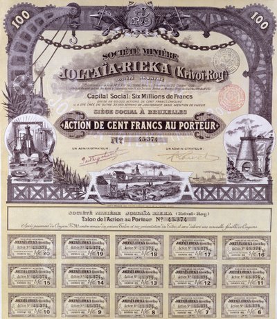 Aktiebrev för 100 franc för det fransk-ryska gruvbolaget Joltaia-Rieka, 1899 av French School