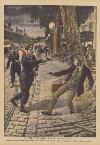 Skottlossning mellan polis och brottslingar på en gata i Paris (färg litho) av French School
