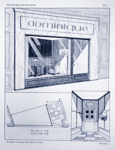 Butiksfront, skylt 2, illustration från Devantures de Boutiques av Louis-Pierre Sezille, Paris, 1927 av French School