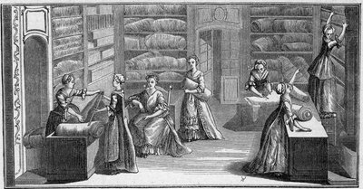 Butik för en "modehandlare" på 1700-talet. Gravyr i "La Marine et les colonies: handel" av French School