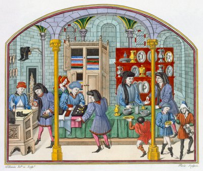 Butiker under en täckt marknad, efter en miniatyr i en 1300-talsöversättning av Aristoteles