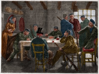 Siciliansk maffia på 1800-talet: Förhör av en godsägare upphävd av sicilianska maffior 1873. Gravyr från 1873. av French School