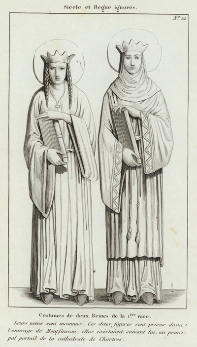 Century and Reign ignorerade, Costumes of two Queens of the 1st race (gravyr) av French School