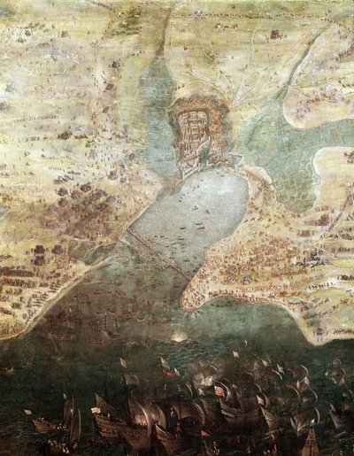 Belägring av staden La rochelle, 1627, detalj (målning, ca 1640) av French School
