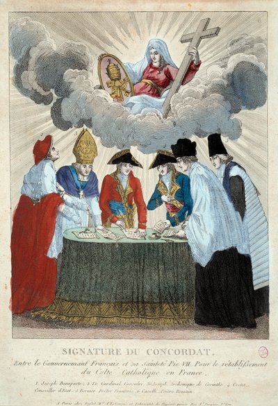 Underskrift av 1801 års konkordat den 15/07/1801: det är undertecknat mellan den franska regeringen (här representerad av Joseph Bonaparte) och Saint Siege (representerad av kardinal Consalvi för påven Pius VII). 1801 Paris, Musée Carnavalet av French School