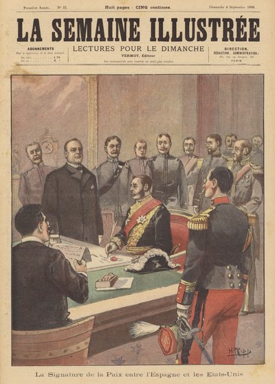 Undertecknande av ett fredsprotokoll som avslutar fientligheterna i det spansk-amerikanska kriget, Washington DC, 12 augusti 1898 av French School