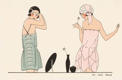 Underklädesmode i siden från 1920-talet (färglitografi) av French School