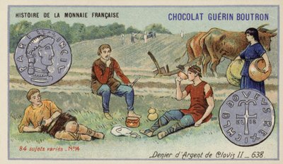 Silver denier av Clovis II, 638 (chromolitho) av French School
