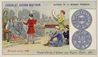 Silver denier paris av Hugh Capets regeringstid, 987 (chromolitho) av French School