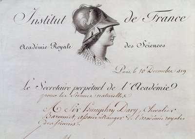 Sir Humphry Davys (1778-1829) intyg om medlemskap till Institut de France, 10 december 1819 av French School