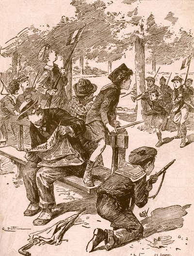 Små pojkar spelar krigsspel i Frankrike under första världskriget. Från Agenda Buvard du Bon Marche publicerad 1917. av French School