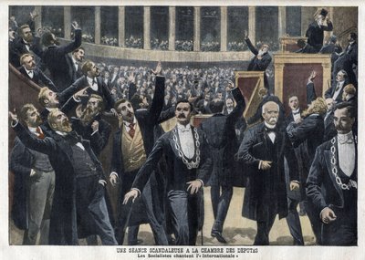 Socialister som sjunger Internationalen i deputeradekammaren i Frankrike mitt under en session i närvaro av Georges Clemenceau (1841-1929) - "Le Petit Journal", maj 1909 (gravyr) av French School