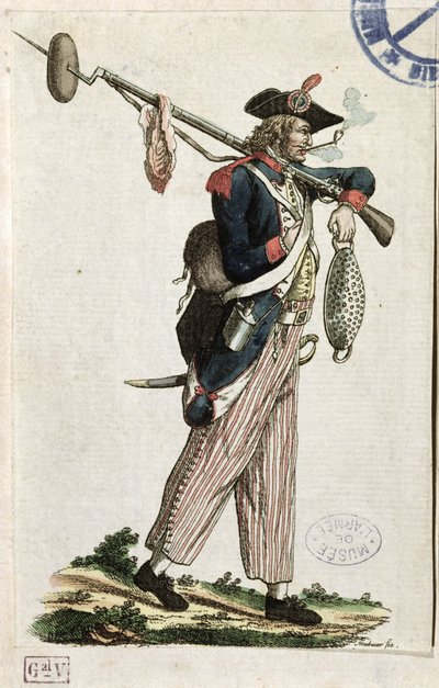Soldat från den franska revolutionen bär en bajonett på vilken är fäst en limpa bröd och en köttbit: LAn 11 1794 av French School
