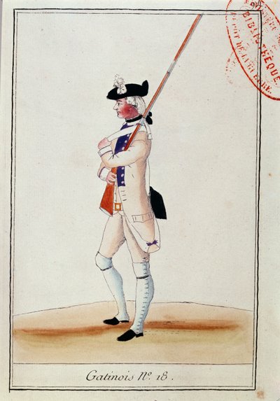 Soldat vid Grenadier Gatinois regemente, ca 1780 av French School