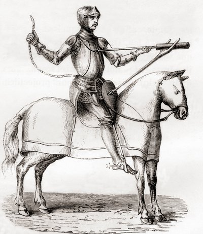 Soldat till häst med en handbombard, sent 1300-tal och tidigt 1400-tal, efter en teckning från manuskriptet av Marianus Jacobus, från Les Merveilles de la Science, publicerad ca 1870 (gravyr) av French School
