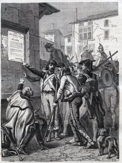 Soldater, dina behov är stora: franska soldater läser general Bonapartes proklamation i november 1799 - gravyr från 1865 i "Histoire du Consulate et de l