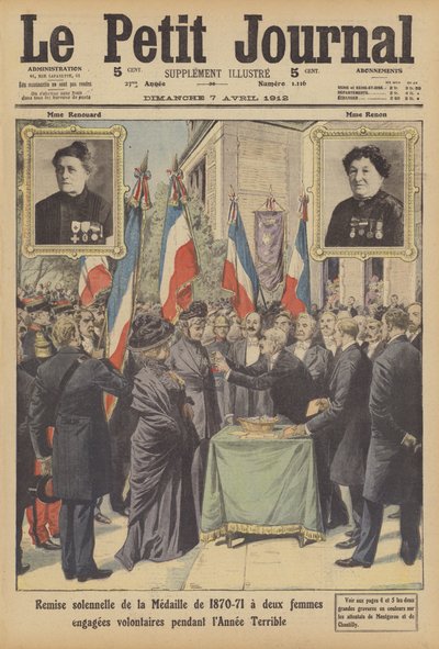 Högtidlig presentation av den fransk-preussiska krigsmedaljen till två franska kvinnliga frivilliga från Annee ... (färg litho) av French School