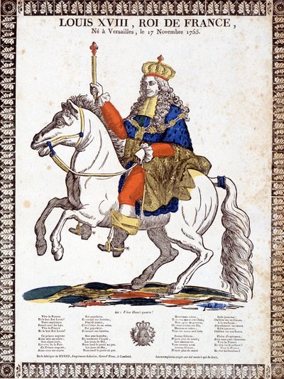 Sång till ära av kungen av Frankrike Ludvig XVIII, illustrerad av ett ryttarporträtt av kungen (gravyr) av French School