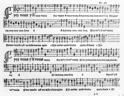Sångblad från Chansons Musicales publicerat av Pierre Attaignant (d.1552) 1535-36 av French School
