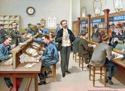 Sortera posten i ett parisiskt postkontor, illustration från en postkontorskalender, 1904 av French School