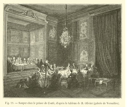 Kvällsmat med Prince de Conti; efter målningen av B Olivier, Versailles galleri av French School