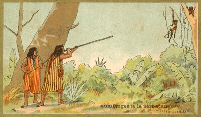 Sydamerikanska indianer som jagar apor med blåsrör (chromolitho) av French School