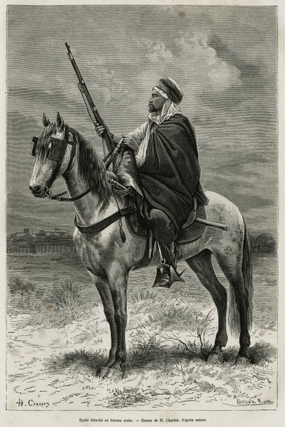 Spahi, effektiv ryttare och fruktan som bidrar till erövringen av Algeriet, i tjänst för Frankrike, lösgör sig vid det arabiska kontoret och graverar efter en teckning av H. Charles för att illustrera historien Tebessa och dess monument (Algeriet), av A. H av French School