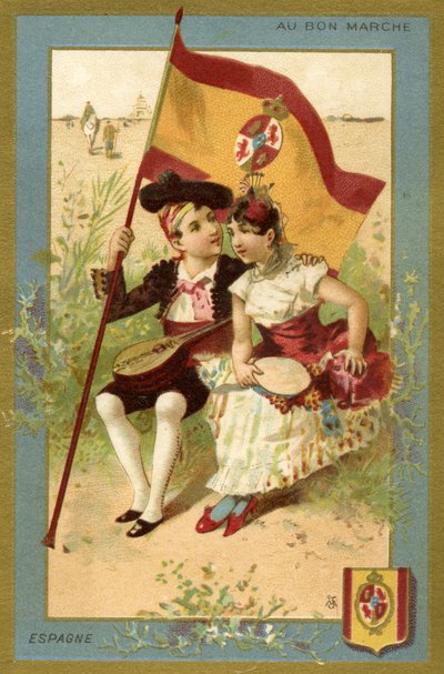 Spanska pojke och flicka, från en serie illustrationer av barn från olika länder, producerade som reklamkort för Bon Marché-varuhuset i Paris, ca 1890 av French School