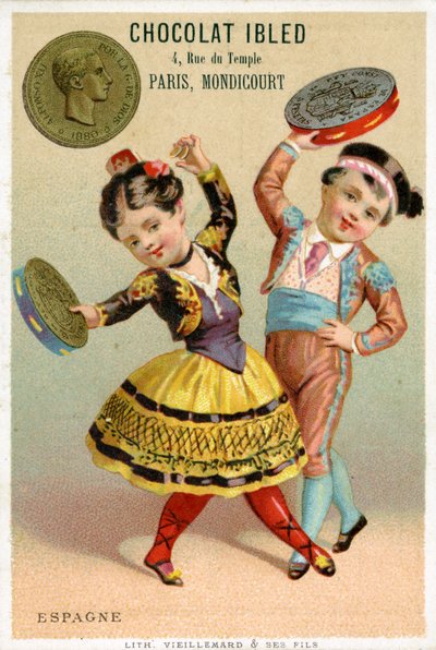 Spanska barn som dansar med tamburiner gjorda av pesetas, från en serie reklamkort på valutor i olika länder, publicerade i Paris av Vieillemard för användning av Chocolat Ibled, 1886-95 av French School