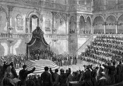 Tal av kungen av Italien Victor Emmanuel II (Vittorio Emanuele) (Victor-Emmanuel) (1820-1878) vid öppnandet av de italienska staternas session i parlamentet i Turin av French School