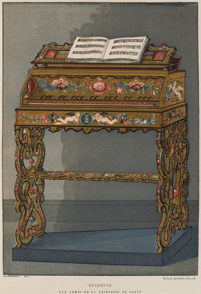 Spinett med prinsessan av Contis vapen, illustration från Dictionnaire de lameublement et de la dekoration av Henry Havard, volym 2, tallrik 26, Paris, Maison Quantin, 1878 (färg litho av French School