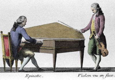 Spinett och fiolspelare. Gravyr från slutet av 1700-talet. av French School