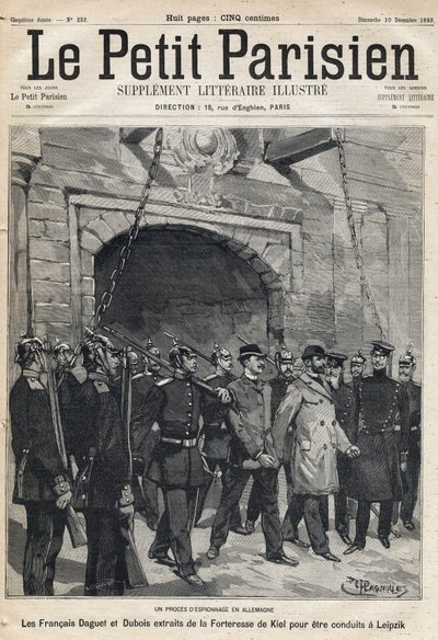 Spionrättegång i Tyskland: den franska Daguet och Dubois fördes från Kiel fästning till Leipzig. En av tidningarna "Le petit Parisien"" den 10/12/1893 (gravyr) av French School