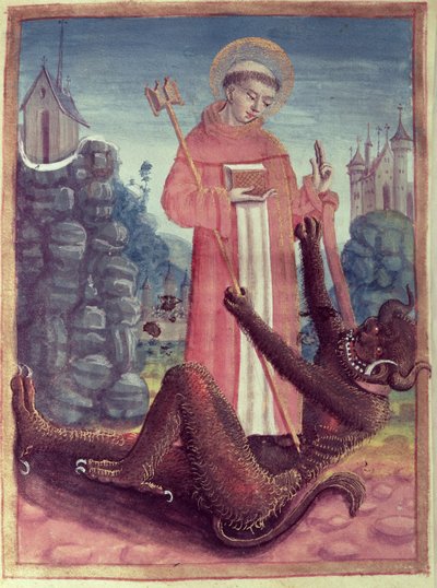 St. Bernard av Menthon (923-1008) Att övervinna en demon, från en timbok, 1490 av French School