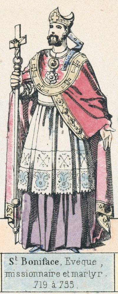 St Bonifatius, biskop, missionär och martyr, 719 till 735 (färgad gravyr) av French School