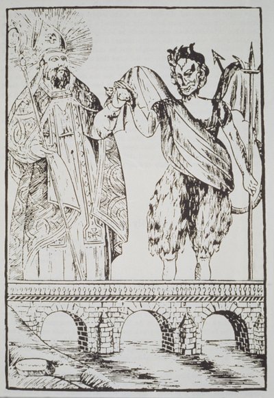 St. Cado och djävulen, kopia av ett populärt franskt tryck, illustrerad i en magisk historia publicerad i slutet av 1800-talet av French School